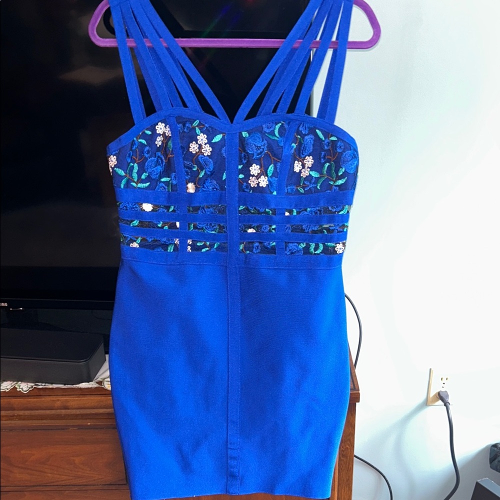 WOW Couture Royal Blue Floral Mini Dress Very Sexy -Size L Brand new (Boutique)